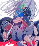  2boys blue_eyes blue_hair casual chin_rest cravat felicia_chen galo_thymos green_hair ground_vehicle indian_style jacket leather leather_jacket lio_fotia male_focus matoi motor_vehicle motorcycle multiple_boys promare red_jacket shoes sitting sneakers violet_eyes 