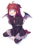  1girl :d ahoge bangs between_legs black_capelet black_dress black_legwear blush bow capelet crescent crescent_hair_ornament demon_girl demon_horns demon_wings dress eyebrows_visible_through_hair fang frilled_capelet frilled_dress frills fuji_fujino full_body green_eyes grey_wings hair_ornament hand_between_legs heterochromia highres horns long_hair long_sleeves looking_at_viewer neck_ribbon nijisanji open_mouth red_bow red_eyes red_footwear red_ribbon redhead ribbon seiza shadow shoes sitting smile solo thigh-highs two_side_up very_long_hair virtual_youtuber white_background wings yuzuki_roa 