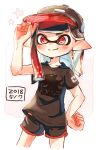  1girl adjusting_headwear bangs baseball_cap black_hair black_headwear black_shirt black_shorts blunt_bangs blunt_ends closed_mouth commentary cowboy_shot dated domino_mask gradient_hair gym_shorts hand_on_hip harutarou_(orion_3boshi) hat highres inkling logo looking_at_viewer mask medium_hair multicolored_hair pointy_ears print_shirt red_eyes redhead shirt short_shorts shorts smile solo splatoon_(series) splatoon_2 standing star t-shirt tentacle_hair 