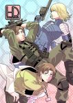  3boys blonde_hair brown_hair closed_mouth glasses green_eyes gun hal_emmerich holding holding_gun holding_weapon long_sleeves looking_at_viewer male_focus metal_gear_(series) metal_gear_solid_2 multiple_boys open_clothes open_mouth raiden shibuki_oroshi short_hair sidelocks solid_snake weapon 