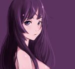  1girl 6maker absurdres bakemonogatari bangs bare_shoulders blush breasts commentary_request highres lips long_hair looking_at_viewer looking_to_the_side medium_breasts monogatari_(series) parted_lips purple_background purple_hair senjougahara_hitagi shiny shiny_skin sidelocks simple_background solo swept_bangs upper_body violet_eyes 