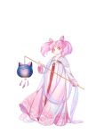  1girl alternate_costume bishoujo_senshi_sailor_moon blush chibi_usa chinese_clothes crescent double_bun earrings facial_mark forehead_mark full_body hair_ornament hanfu holding jewelry lantern looking_at_viewer luna-p medium_hair pink_eyes pink_hair riku_(lingsky) simple_background solo twintails white_background 