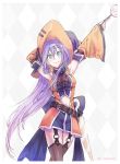  1girl arms_up belt blue_hair candy closed_mouth fire_emblem fire_emblem:_path_of_radiance fire_emblem_heroes food green_eyes hairband halloween_costume hat holding_lollipop lollipop long_hair mia_(fire_emblem) smile solo t_misaomaru thigh-highs twitter_username white_hairband witch_hat 