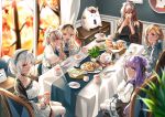  6+girls absurdres ahoge alternate_costume apple_pie autumn_leaves azur_lane baguette blonde_hair blue_eyes blurry bow bread carrying casual cat chair choker commentary_request contemporary cup curtains depth_of_field dining_room doll_hug feeding food hair_bow hair_bun hair_ribbon hairband highres holding hood_(azur_lane) huge_filesize leaf light_brown_hair long_hair looking_at_viewer maple_leaf meowfficer_(azur_lane) multiple_girls one_side_up pie plate purple_hair queen_elizabeth_(azur_lane) red_eyes ribbon short_hair side_bun silver_hair sirius_(azur_lane) smile spoon stuffed_alicorn stuffed_animal stuffed_pegasus stuffed_toy stuffed_unicorn swiftsure_(azur_lane) table tea teacup twilight unicorn_(azur_lane) violet_eyes warspite_(azur_lane) white_legwear window zettai_karen_children 