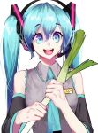  1girl :d bare_shoulders blue_eyes blue_neckwear breasts commentary detached_sleeves dizim english_commentary eyebrows_visible_through_hair eyelashes food grey_shirt hair_between_eyes happy hatsune_miku heart heart-shaped_pupils highres holding holding_food holding_spring_onion long_hair looking_afar multicolored multicolored_eyes necktie open_mouth shirt simple_background sleeveless sleeveless_shirt small_breasts smile solo spring_onion standing straight_hair symbol-shaped_pupils teeth tongue twintails upper_body upper_teeth vegetable very_long_hair violet_eyes vocaloid white_background 
