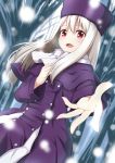  1girl absurdres blonde_hair blush borumete commentary_request fate/stay_night fate_(series) hair_between_eyes highres illyasviel_von_einzbern jacket long_hair looking_at_viewer open_mouth outdoors purple_headwear purple_jacket red_eyes smile solo white_hair winter winter_clothes 
