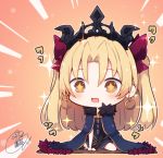  +_+ 1girl :d bangs beni_shake blonde_hair blue_cape blue_dress blush bow brown_background brown_eyes cape chibi commentary_request dress earrings ereshkigal_(fate/grand_order) eyebrows_visible_through_hair fang fate/grand_order fate_(series) full_body hair_between_eyes hair_bow hoop_earrings jewelry long_hair long_sleeves looking_at_viewer open_mouth parted_bangs purple_bow signature single_sleeve smile solo sparkle tiara two_side_up very_long_hair 