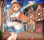  1girl :d album_cover apron bangs bare_shoulders black_bow bloomers blue_eyes blue_flower blue_headwear blue_skirt blue_sky blush bow breasts brown_hair clouds commentary_request cover day detached_sleeves eyebrows_visible_through_hair flower frilled_apron frills hat highres house juliet_sleeves kayase long_hair long_sleeves medium_breasts open_mouth original outdoors outstretched_arm petals puffy_sleeves round_teeth shirt skirt sky smile solo striped striped_sleeves teeth underwear upper_teeth vertical-striped_skirt vertical_stripes very_long_hair waist_apron white_apron white_bloomers white_shirt 