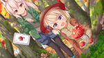  2girls ame. ayanami_(azur_lane) azur_lane bangs basket black_legwear blue_footwear blue_shorts blush boots brown_eyes brown_shirt brown_vest commentary_request day eyebrows_visible_through_hair fly_agaric forest green_jacket grey_shirt hair_between_eyes headgear highres holding jacket legwear_under_shorts light_brown_hair long_hair multiple_girls mushroom nature open_clothes open_jacket open_mouth outdoors pantyhose parted_lips pointy_ears ponytail shirt short_shorts shorts standing tree vest violet_eyes z23_(azur_lane) 
