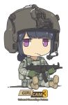  1girl american_flag blue_hair boots camouflage cigarette combat_boots gun headset helmet military military_uniform original sitting smoking speaker tantu_(tc1995) uniform violet_eyes weapon 