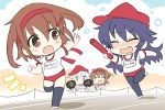  1girl akatsuki_(kantai_collection) baton black_legwear brown_hair buruma chibi closed_eyes commentary_request gym_uniform hair_ornament hairband hairclip hibiki_(kantai_collection) hizuki_yayoi ikazuchi_(kantai_collection) inazuma_(kantai_collection) kantai_collection long_hair messy_hair name_tag pantyhose purple_hair red_buruma red_hairband red_headwear runing running short_hair solo thigh-highs 