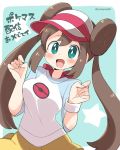 1girl bangs black_legwear blue_eyes blue_sleeves blush breasts brown_hair commentary_request double_bun eromame eyebrows_visible_through_hair hair_bun hands_up long_hair looking_at_viewer medium_breasts mei_(pokemon) nintendo open_mouth pokemon pokemon_(game) pokemon_bw2 raglan_sleeves shirt shorts simple_background solo star text_focus tied_hair translated twintails twitter_username upper_body very_long_hair visor_cap white_shirt wristband yellow_shorts