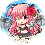  1girl ;p angel_beats! bangs barefoot bikini bikini_skirt black_bikini black_bow black_skirt blurry blurry_background bow chibi choker collarbone eyebrows_visible_through_hair flat_chest flower food full_body hair_between_eyes hair_bow heart hibiscus holding holding_food ice_cream long_hair nakamura_hinato one_eye_closed pink_hair polka_dot polka_dot_background polka_dot_bikini polka_dot_bow polka_dot_skirt red_bow red_eyes redhead shiny shiny_hair skirt solo standing standing_on_one_leg swimsuit thigh_strap tongue tongue_out two_side_up very_long_hair white_background yui_(angel_beats!) 