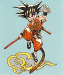  1boy :d anniversary artist_name backlighting black_eyes black_footwear black_hair blue_background clenched_hand clothes_writing commentary copyright_name dougi dragon_ball dragon_ball_(classic) english_commentary fighting_stance fingernails flying_nimbus full_body happy highres holding jumping katsura_masakazu looking_at_viewer male_focus monkey_tail nyoibo open_mouth simple_background smile son_gokuu spiky_hair tail teeth upper_teeth v-shaped_eyebrows wristband 