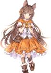  1girl animal_ears aster_(granblue_fantasy) bag bangs blush boots bow brown_eyes brown_footwear brown_hair brown_legwear closed_mouth commentary_request copyright_request cross-laced_clothes erune eyebrows_visible_through_hair fur-trimmed_boots fur_trim granblue_fantasy hair_ornament hairclip hands_up head_tilt kneehighs long_hair looking_at_viewer orange_skirt pleated_skirt satchel shirt short_sleeves simple_background skirt smile solo very_long_hair wataame27 white_background white_shirt yellow_bow 