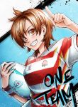  1girl ball blue_background blush brown_eyes brown_hair english_text holding holding_ball index_finger_raised jersey looking_at_viewer nishinomiya_sakuko original rugby rugby_world_cup shirt short_hair short_sleeves smile solo standing striped striped_shirt sweatdrop upper_body 