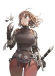  1girl ahoge armor belt bird bird_on_finger breasts brown_eyes brown_hair chainmail commentary_request gloves highres jun_(seojh1029) large_breasts original pants red_pants scabbard sheath sheathed solo strap sword thigh_gap walking weapon wind wind_lift 