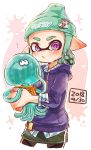  1girl 1other beanie bike_shorts black_shorts black_skirt closed_mouth collared_shirt commentary cowboy_shot dated domino_mask drawstring green_hair green_headwear harutarou_(orion_3boshi) hat highres holding hood hoodie inkling jellyfish_(splatoon) light_frown logo long_sleeves looking_at_viewer mask medium_hair miniskirt nintendo nintendo_ead notice_lines outline paint_splatter pointy_ears purple_shirt sea_creature shirt shorts shorts_under_skirt single_horizontal_stripe skirt solo splatoon_(series) splatoon_2 squid_girl standing striped striped_shirt tentacle_hair violet_eyes white_outline 