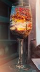  absurdres artist_name autumn_leaves banishment blurry blurry_background branch clouds commentary_request cup depth_of_field drinking_glass highres huge_filesize leaf no_humans original power_lines reflection scenery sky still_life sunset tree wine_glass 