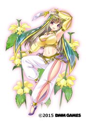  1girl :d breasts brown_hair copyright_name costume_request dancing dmm eyebrows_visible_through_hair flower_knight_girl full_body high_heels highres holding holding_knife knife lamium_(flower_knight_girl) large_breasts long_hair looking_at_viewer navel object_namesake official_art open_mouth red_eyes shuz_(dodidu) smile solo standing standing_on_one_leg translucent white_background 