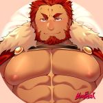  1boy abs bara beard blush bursting_pecs cape chest facial_hair fate/grand_order fate/zero fate_(series) fur_collar highres looking_at_viewer male_focus mousepad muscle nipples pectorals red_eyes redhead rider_(fate/zero) simple_background smile yuufreak 