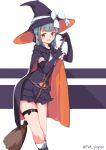  1girl absurdres alternate_costume anchor_symbol bangs black_gloves blush boots bow bowtie broom cape commentary_request elbow_gloves eyebrows_visible_through_hair folded_ponytail gloves grey_hair hair_bow halloween halloween_costume hat hat_bow highres holding holding_broom kantai_collection kneehighs long_hair looking_at_viewer open_mouth ponytail puffy_short_sleeves puffy_sleeves short_sleeves simple_background skirt smile solo thigh_strap twitter_username uut white_background witch witch_hat yuubari_(kantai_collection) 