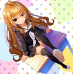  1girl abondz absurdres aisaka_taiga bangs black_legwear black_serafuku blurry_foreground brown_eyes brown_hair closed_mouth dutch_angle highres looking_at_viewer school_uniform serafuku sitting solo thigh-highs toradora! 