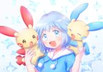  :d androgynous blue_eyes blue_hair character_request highres hood hood_down hooded_jacket jacket minun open_mouth plusle pokemon shiny shiny_hair short_hair short_sleeves smile white_background yuki56 