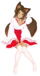  1girl animal_ear_fluff animal_ears braid brown_eyes brown_hair collar commission dark_skin fox_ears fox_tail full_body halphelt highres japanese_clothes long_hair looking_at_viewer miko no_shoes off_shoulder original parted_lips red_ribbon ribbon ribbon-trimmed_sleeves ribbon_trim sitting solo tail thigh-highs whisker_markings white_legwear wide_sleeves 