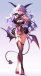  1girl :d bare_shoulders black_panties breasts brown_legwear commentary_request crossed_legs demon_girl demon_horns demon_tail elbow_gloves fang fishnet_legwear fishnets full_body fur_collar gloves hand_on_hip hand_up heart_cutout high_heels highres horns large_breasts long_hair looking_at_viewer mismatched_legwear multicolored_hair nasubi_(w.c.s) navel navel_cutout no_pants open_mouth original panties purple_gloves red_eyes red_footwear redhead revealing_clothes revision silver_hair skindentation smile solo standing tail thigh-highs thigh_gap thighs two-tone_hair underwear watson_cross wavy_hair 