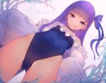  1girl :q ass_visible_through_thighs bangs bare_shoulders blue_bow blue_choker blue_ribbon blue_swimsuit blunt_bangs bow breasts choker closed_mouth collarbone commentary_request covered_navel eyebrows_visible_through_hair fate/grand_order fate_(series) hair_between_eyes hair_ribbon highleg highleg_swimsuit highres licking_lips long_hair long_sleeves looking_at_viewer meltryllis meltryllis_(swimsuit_lancer)_(fate) munuu naughty_face partially_submerged purple_hair ribbon sleeves_past_wrists smile solo strapless strapless_swimsuit swimsuit tongue tongue_out water 