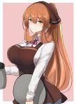  10eki_(tenchou) 1girl absurdres alternate_costume apron bangs blush breasts brown_hair coffee_pot collared_shirt cowboy_shot eyebrows_visible_through_hair girls_frontline green_eyes hair_between_eyes hair_ribbon hair_rings highres holding holding_pot holding_tray large_breasts long_hair looking_at_viewer m1903_springfield_(girls_frontline) neck_ribbon outside_border pants ponytail ribbon shirt sidelocks simple_background smile solo tray white_shirt 