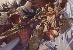 1girl action armor armored_boots armpits battle bikini blue_eyes boots breasts brown_hair bug crystal dragon falling helmet holstered_weapon horned_headwear horned_helmet horns insect insect_glaive kanrinin_(gyfp4747) knife knife_holster long_hair medium_breasts midriff monster monster_hunter monster_hunter:_world nergigante nergigante_(armor) open_mouth polearm shoulder_armor spear spikes swimsuit thigh-highs thigh_strap weapon 