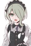  1girl black_gloves dangan_ronpa_(series) dangan_ronpa_v3:_killing_harmony dress gloves green_eyes hair_over_one_eye highres looking_at_viewer maid_headdress namori short_hair silver_hair simple_background solo toujou_kirumi white_background 