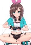  1girl a.i._channel aqua_eyes belt brown_hair crossed_legs fingerless_gloves game_console gamecube gamecube_controller gloves hairband headphones headphones_around_neck highres kizuna_ai kuronosu_(yamada1230) legs looking_at_viewer midriff navel playing_games ribbon shoes short_hair short_shorts shorts simple_background sitting solo tile_floor tiles white_background 