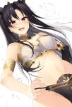  1girl armlet asymmetrical_sleeves bangs bare_shoulders black_bow black_hair blush bow breasts detached_collar earrings fate/grand_order fate_(series) hair_bow highres hoop_earrings ishtar_(fate/grand_order) jewelry long_hair looking_at_viewer medium_breasts neck_ring nene_(umrhaishixiaomai) open_mouth red_eyes simple_background smile solo tiara two_side_up white_background 