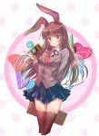  1girl animal_ears black_legwear brown_eyes brown_hair bunny_girl camera cosplay doki_doki_literature_club highres iesupa rabbit_ears rwby school_uniform skirt solo tagme velvet_scarlatina 