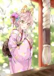  1girl :d animal_ear_fluff animal_ears bangs blue_flower blush brown_eyes commentary_request eyebrows_visible_through_hair floral_print flower hair_between_eyes hair_bun hair_flower hair_ornament hair_ribbon hands_together hands_up hatsumoude japanese_clothes kimono long_hair long_sleeves obi open_mouth original own_hands_together pink_flower pink_hair pink_kimono print_kimono red_ribbon ribbon sash sidelocks sleeves_past_wrists smile solo wataame27 wide_sleeves wolf-chan_(wataame27) wolf_ears 