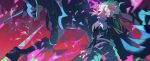  1boy armor cravat dual_persona felicia_chen fire gloves green_hair hair_over_one_eye half_gloves highres lio_fotia mad_burnish male_focus pink_fire promare purple_fire pyrokinesis sword triangle violet_eyes weapon 