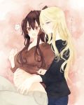  ! 2girls ? ahoge bangs beige_legwear black_sweater blonde_hair blue_legwear blush breasts brown_sweater clothes_lift hair_between_eyes hair_over_shoulder half-closed_eyes hood hoodie hug hug_from_behind iowa_(kantai_collection) kantai_collection long_sleeves multiple_girls pants parted_lips ponytail shima_(aliceanna0518) sidelocks spoken_exclamation_mark spoken_question_mark star star-shaped_pupils sweat sweater sweater_lift swept_bangs symbol-shaped_pupils translation_request yamato_(kantai_collection) yuri 