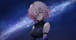  1girl breasts breasts_apart closed_mouth elbow_gloves fate/grand_order fate_(series) floating_hair gloves hair_over_one_eye looking_at_viewer mash_kyrielight medium_breasts milky_way mitsunari_miyako pink_hair shiny shiny_hair short_hair sideboob sky smile solo star_(sky) starry_sky upper_body violet_eyes 