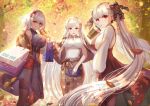  3girls :d absurdres alternate_costume autumn_leaves azur_lane bag belfast_(azur_lane) black_capelet blouse breasts capelet cardigan casual commentary_request cup dolce_(dolsuke) dress drinking drinking_straw formidable_(azur_lane) hair_ribbon handbag highres holding holding_cup huge_filesize large_breasts licking_lips long_hair long_skirt looking_at_viewer multiple_girls open_cardigan open_clothes open_mouth plaid plaid_dress plaid_skirt red_eyes ribbon shopping_bag short_hair silver_hair sirius_(azur_lane) skirt sleeveless sleeveless_blouse sleeveless_dress smile tongue tongue_out twintails very_long_hair violet_eyes white_blouse 