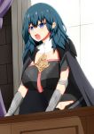  1girl absurdres blue_eyes blue_hair breasts byleth_(fire_emblem) byleth_eisner_(female) desk fire_emblem fire_emblem:_three_houses highres huge_breasts lecturing navel_cutout nicoseiga2102092 open_mouth solo tagme 