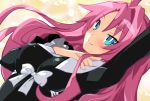  1girl ahoge artina_(disgaea) black_dress blue_eyes breasts disgaea dress hand_on_own_chest iwasi-r long_hair looking_at_viewer makai_senki_disgaea_4 medium_breasts pink_hair slit_pupils smile solo very_long_hair 