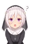  1girl :o ? bangs black_dress blush commentary_request dress eyebrows_visible_through_hair habit hair_between_eyes itomi_sayaka looking_at_viewer natsu_(927013) nun open_mouth short_hair silver_hair simple_background solo toji_no_miko upper_body veil violet_eyes white_background 