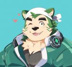  1boy animal_ears animal_nose black_shirt blue_background chest_tuft commentary_request dog_boy dog_ears fangs fangs_out furry furry_male green_eyes green_fur green_jacket headphones headphones_around_neck headwear_request heart highres jacket live_a_hero male_focus mokdai_(live_a_hero) one_eye_closed open_mouth plump shirotoki_(qdng0atngbaqmce) shirt short_hair solo thick_eyebrows upper_body white_headwear yellow_fur 