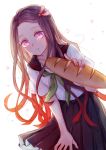  1girl black_sailor_collar black_skirt bread brown_hair collarbone collared_shirt floating_hair food gradient_hair green_neckwear hair_ribbon highres holding holding_food hyaku_hiiragi kamado_nezuko kimetsu_no_yaiba leaning_forward long_hair medium_skirt multicolored_hair neckerchief parted_lips pink_eyes pleated_skirt purple_hair red_ribbon ribbon sailor_collar school_uniform serafuku shirt short_sleeves simple_background skirt solo standing very_long_hair white_background white_shirt 