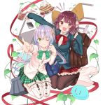  2girls ahoge atelier_(series) atelier_sophie bag black_legwear blueberry bow breasts brown_eyes brown_hair butterfly_hair_ornament cellphone chair chihaya_72 cup diamond-shaped_pupils drinking_glass duffel_bag food fruit garter_straps green_bow green_eyes green_skirt grey_hair hair_ornament highres large_breasts long_hair looking_at_viewer medium_breasts multiple_girls one_eye_closed pancake pantyhose phone plachta plaid plaid_skirt plate red_bow red_skirt short_hair skirt smartphone sophie_neuenmuller strawberry symbol-shaped_pupils thigh-highs twintails white_legwear 