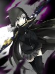  1girl absurdres black_cape black_cardigan black_gloves black_legwear blurry_foreground cape fate_(series) gloves gray_(lord_el-melloi_ii) green_eyes grey_skirt highres holding_polearm hood hood_up hooded long_sleeves lord_el-melloi_ii_case_files miniskirt parted_lips plaid plaid_skirt pleated_skirt short_hair silver_hair skirt solo standing thigh-highs twitter_username user_smgj5887 zettai_ryouiki 