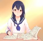  1girl bangs blue_hair blue_sailor_collar blush book egooo eyebrows_visible_through_hair hair_between_eyes holding holding_book long_hair long_sleeves looking_at_viewer love_live! love_live!_school_idol_project neckerchief open_book pencil sailor_collar school_uniform serafuku simple_background sitting solo sonoda_umi writing yellow_eyes 